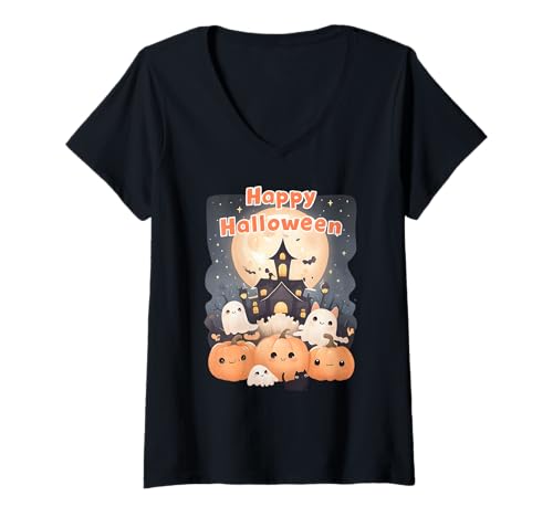 Damen Niedliche Halloween-Spukhaus-Geister-Kürbisse, Schwarze Katze T-Shirt mit V-Ausschnitt Damen Niedliche Halloween-Spukhaus-Geister-Kürbisse, Schwarze Katze T-Shirt mit V-Ausschnitt von Halloween character design