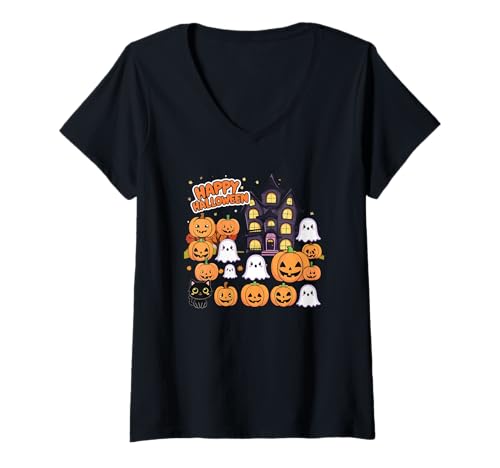 Damen Niedliche Halloween-Spukhaus-Geistern, Kürbisse, Schwarze Katze T-Shirt mit V-Ausschnitt Damen Niedliche Halloween-Spukhaus-Geistern, Kürbisse, Schwarze Katze T-Shirt mit V-Ausschnitt von Halloween character design