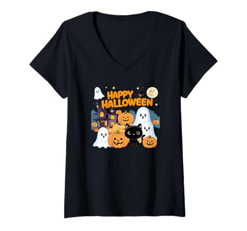 Damen Niedliche Halloween-Spukhaus-Geistern, Kürbisse, Schwarze Katze T-Shirt mit V-Ausschnitt Damen Niedliche Halloween-Spukhaus-Geistern, Kürbisse, Schwarze Katze T-Shirt mit V-Ausschnitt von Halloween character design