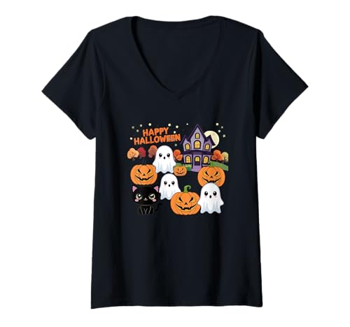 Damen Niedliche Halloween-Spukhaus-Geistern, Kürbisse, Schwarze Katze T-Shirt mit V-Ausschnitt Damen Niedliche Halloween-Spukhaus-Geistern, Kürbisse, Schwarze Katze T-Shirt mit V-Ausschnitt von Halloween character design