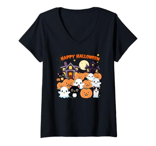 Damen Niedliche Halloween-Spukhaus-Geistern, Kürbisse, Schwarze Katze T-Shirt mit V-Ausschnitt Damen Niedliche Halloween-Spukhaus-Geistern, Kürbisse, Schwarze Katze T-Shirt mit V-Ausschnitt von Halloween character design