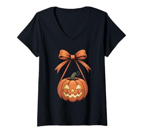 Damen Gruselige süße Kürbisschleife Halloween Design T-Shirt mit V-Ausschnitt Damen Gruselige süße Kürbisschleife Halloween Design T-Shirt mit V-Ausschnitt von Halloween costume alternative
