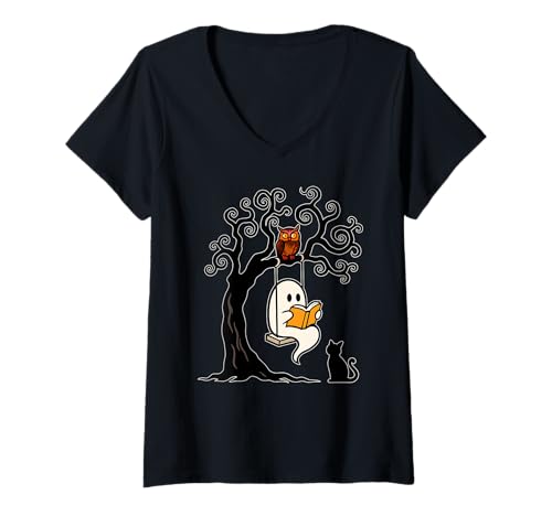 Damen Vintage Halloween Ghost Swing Reading Halloween Kostüm T-Shirt mit V-Ausschnitt Damen Vintage Halloween Ghost Swing Reading Halloween Kostüm T-Shirt mit V-Ausschnitt von Halloween costume for Women Men Kids Boys Girls