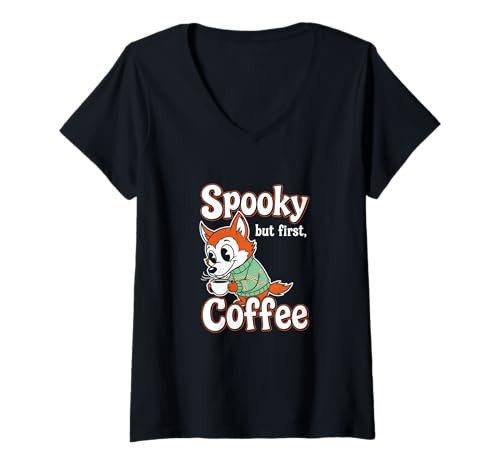 Damen Gruseliger, Aber erster Coffee Fox T-Shirt mit V-Ausschnitt Damen Gruseliger, Aber erster Coffee Fox T-Shirt mit V-Ausschnitt von Halloween cute fox spooky coffee autumn brew