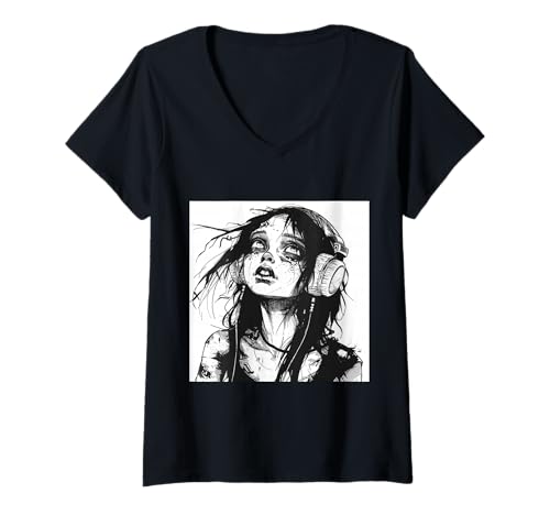 Damen Goth Girl Zombie Emo Gothic Mädchen mit Kopfhörern T-Shirt mit V-Ausschnitt von Halloween cute theme