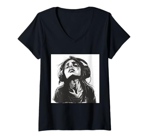 Damen Goth Girl Zombie Emo Gothic Mädchen mit Kopfhörern T-Shirt mit V-Ausschnitt von Halloween cute theme