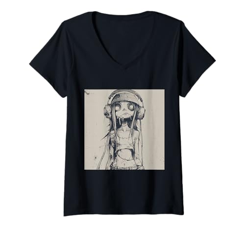 Damen Goth Girl Zombie Emo Gothic Mädchen mit Kopfhörern T-Shirt mit V-Ausschnitt von Halloween cute theme