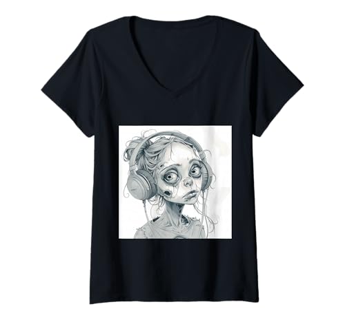 Damen Goth Girl Zombie Emo Gothic Mädchen mit Kopfhörern T-Shirt mit V-Ausschnitt von Halloween cute theme