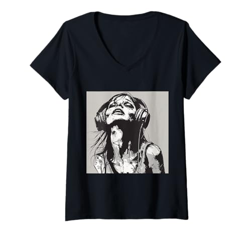 Damen Goth Girl Zombie Emo Gothic Mädchen mit Kopfhörern T-Shirt mit V-Ausschnitt Damen Goth Girl Zombie Emo Gothic Mädchen mit Kopfhörern T-Shirt mit V-Ausschnitt von Halloween cute theme