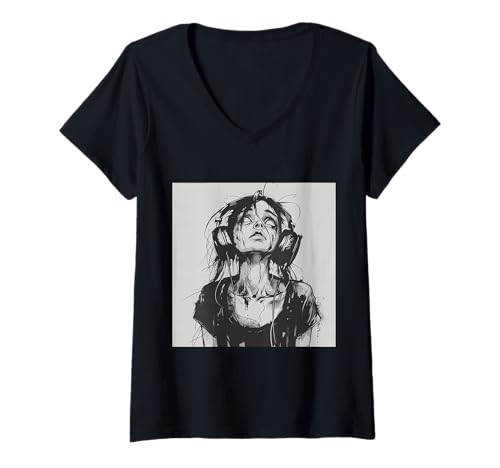 Damen Goth Girl Zombie Emo Gothic Mädchen mit Kopfhörern T-Shirt mit V-Ausschnitt Damen Goth Girl Zombie Emo Gothic Mädchen mit Kopfhörern T-Shirt mit V-Ausschnitt von Halloween cute theme