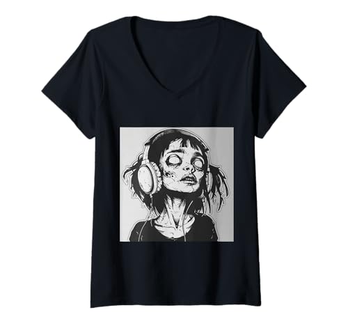 Damen Goth Girl Zombie Emo Gothic Mädchen mit Kopfhörern T-Shirt mit V-Ausschnitt von Halloween cute theme