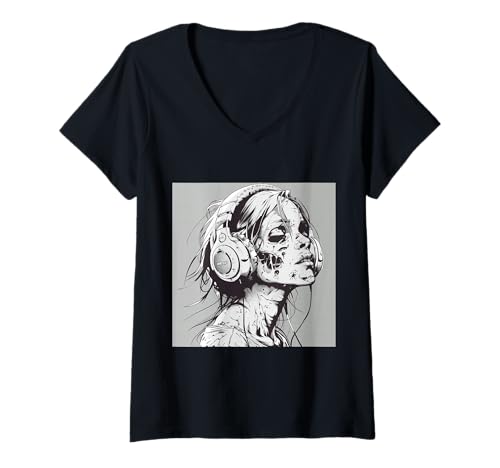 Damen Goth Girl Zombie Emo Gothic Mädchen mit Kopfhörern T-Shirt mit V-Ausschnitt Damen Goth Girl Zombie Emo Gothic Mädchen mit Kopfhörern T-Shirt mit V-Ausschnitt von Halloween cute theme