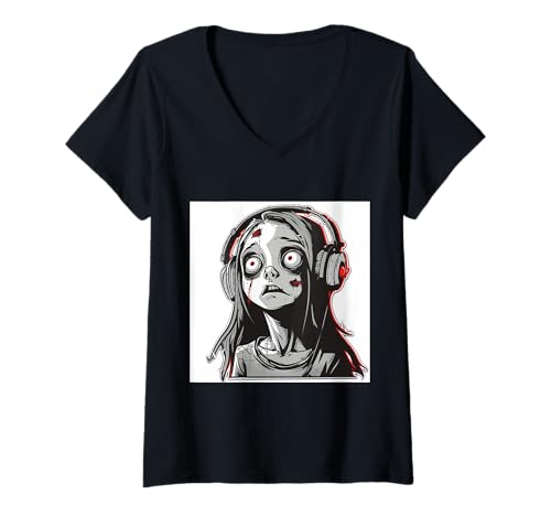 Damen Goth Girl Zombie Emo Gothic Mädchen mit Kopfhörern T-Shirt mit V-Ausschnitt Damen Goth Girl Zombie Emo Gothic Mädchen mit Kopfhörern T-Shirt mit V-Ausschnitt von Halloween cute theme