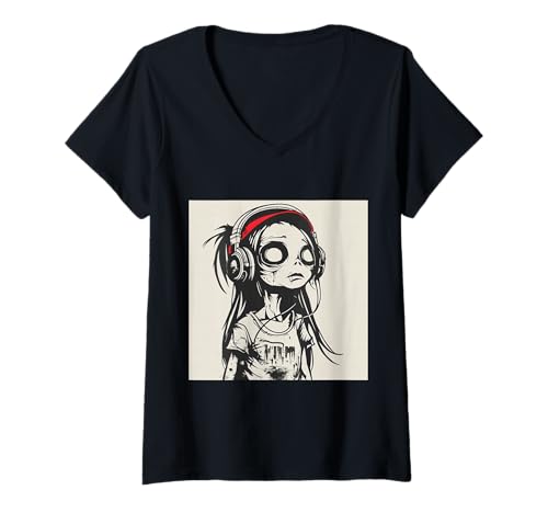 Damen Goth Girl Zombie Emo Gothic Mädchen mit Kopfhörern T-Shirt mit V-Ausschnitt Damen Goth Girl Zombie Emo Gothic Mädchen mit Kopfhörern T-Shirt mit V-Ausschnitt von Halloween cute theme