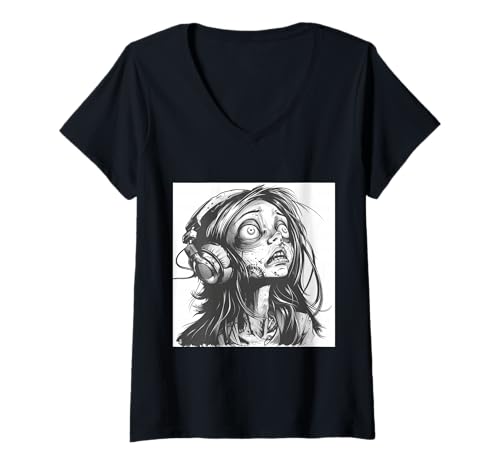 Damen Goth Girl Zombie Emo Gothic Mädchen mit Kopfhörern T-Shirt mit V-Ausschnitt von Halloween cute theme