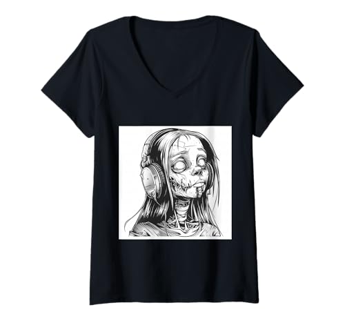 Damen Goth Girl Zombie Emo Gothic Mädchen mit Kopfhörern T-Shirt mit V-Ausschnitt von Halloween cute theme