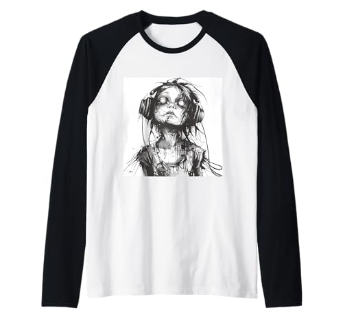 Goth Girl Zombie Emo Gothic Mädchen mit Kopfhörern Raglan von Halloween cute theme