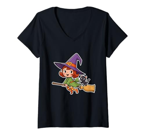 Damen Niedliche Hexe und Katze auf Besen T-Shirt mit V-Ausschnitt Damen Niedliche Hexe und Katze auf Besen T-Shirt mit V-Ausschnitt von Halloween cute witch flying broom black cat