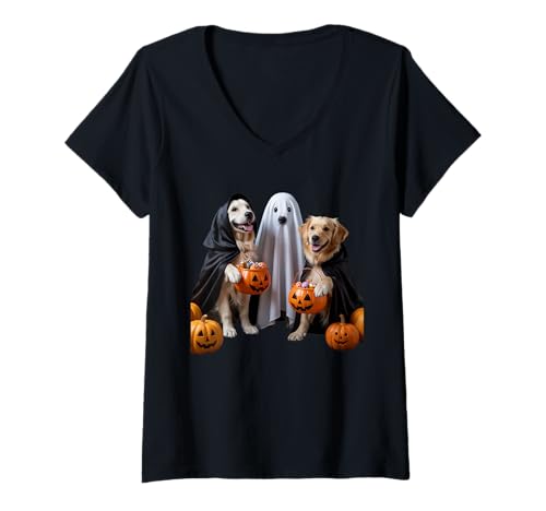 Damen Golden Retriever Halloween Hunde in Kostümen mit Kürbissen T-Shirt mit V-Ausschnitt Damen Golden Retriever Halloween Hunde in Kostümen mit Kürbissen T-Shirt mit V-Ausschnitt von Halloween dog costumes