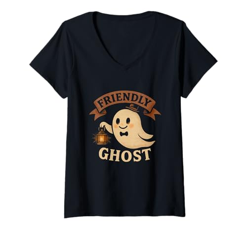Damen Friendly Ghost Laterne Retro T-Shirt mit V-Ausschnitt Damen Friendly Ghost Laterne Retro T-Shirt mit V-Ausschnitt von Halloween friendly ghost lantern cute spooky