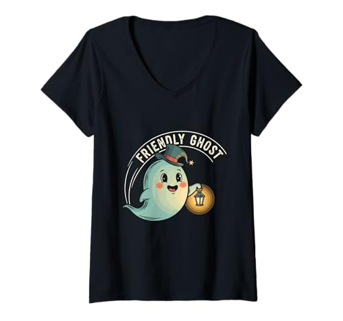 Damen Friendly Ghost Laterne Vintage T-Shirt mit V-Ausschnitt Damen Friendly Ghost Laterne Vintage T-Shirt mit V-Ausschnitt von Halloween friendly ghost lantern cute vintage