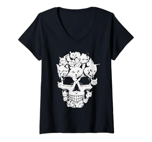 Damen Halloween lustiger Katzenschädel T-Shirt mit V-Ausschnitt Damen Halloween lustiger Katzenschädel T-Shirt mit V-Ausschnitt von Halloween funny cat skull