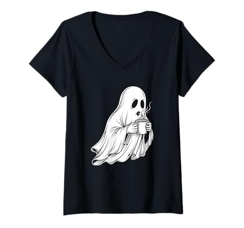 Damen Ghost Coffee Monoline Vintage T-Shirt mit V-Ausschnitt Damen Ghost Coffee Monoline Vintage T-Shirt mit V-Ausschnitt von Halloween ghost coffee monochrome spooky dark