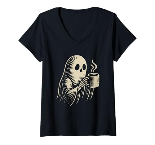 Damen Vintage Ghost Kaffeesluck T-Shirt mit V-Ausschnitt Damen Vintage Ghost Kaffeesluck T-Shirt mit V-Ausschnitt von Halloween ghost coffee vintage spooky caffeine