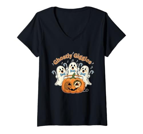 Damen Gespenstisches Kichern Singende Geister T-Shirt mit V-Ausschnitt Damen Gespenstisches Kichern Singende Geister T-Shirt mit V-Ausschnitt von Halloween ghostly giggles singing ghosts pumpkin