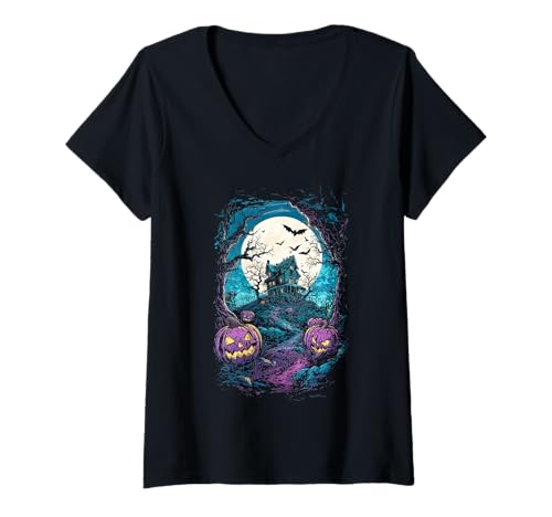 Damen Haunted House & Jack-O'-Laternen unter gruseligem Vollmond T-Shirt mit V-Ausschnitt Damen Haunted House & Jack-O'-Laternen unter gruseligem Vollmond T-Shirt mit V-Ausschnitt von Halloween gruselige Kürbisse & Spukhaus