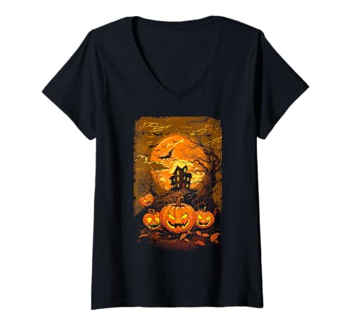 Damen Haunted House & Jack-O'-Laternen unter gruseligem Vollmond T-Shirt mit V-Ausschnitt von Halloween gruselige Kürbisse & Spukhaus
