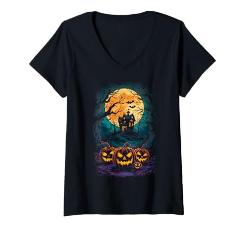 Damen Haunted House & Jack-O'-Laternen unter gruseligem Vollmond T-Shirt mit V-Ausschnitt von Halloween gruselige Kürbisse & Spukhaus