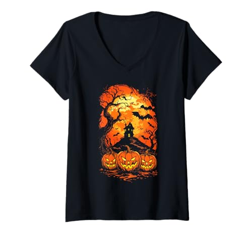 Damen Haunted House & Jack-O'-Laternen unter gruseligem Vollmond T-Shirt mit V-Ausschnitt von Halloween gruselige Kürbisse & Spukhaus