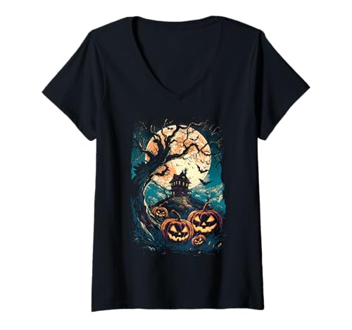 Damen Haunted House & Jack-O'-Laternen unter gruseligem Vollmond T-Shirt mit V-Ausschnitt Damen Haunted House & Jack-O'-Laternen unter gruseligem Vollmond T-Shirt mit V-Ausschnitt von Halloween gruselige Kürbisse & Spukhaus