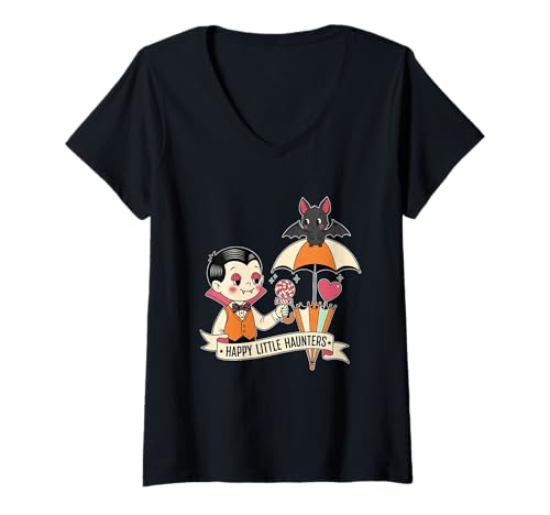 Damen Happy Little Haunters Vampirschläger T-Shirt mit V-Ausschnitt von Halloween happy haunters cute vampire bat umbrella