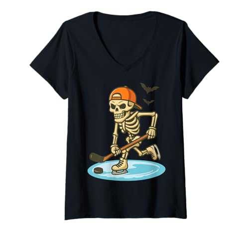 Damen Skelett Eishockey Halloween T-Shirt mit V-Ausschnitt Damen Skelett Eishockey Halloween T-Shirt mit V-Ausschnitt von Halloween hockey Skelett eishockey Gruselig Süß