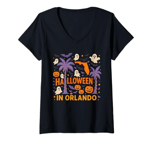 Damen Halloween in Orlando Florida Gruselige Reise Urlaub Souvenir T-Shirt mit V-Ausschnitt Damen Halloween in Orlando Florida Gruselige Reise Urlaub Souvenir T-Shirt mit V-Ausschnitt von Halloween in Orlando Matching Family