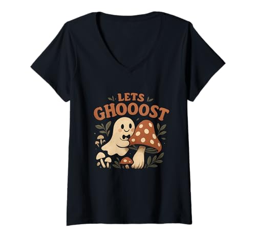 Damen Lass Uns Mushroom Ghost ghosten T-Shirt mit V-Ausschnitt Damen Lass Uns Mushroom Ghost ghosten T-Shirt mit V-Ausschnitt von Halloween lets ghoost mushroom ghost cute spooky