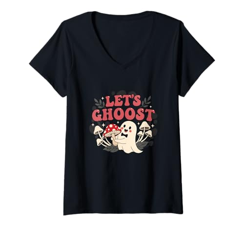 Damen Lass Uns Mushroom Ghost ghosten T-Shirt mit V-Ausschnitt von Halloween lets ghoost mushroom ghost cute spooky