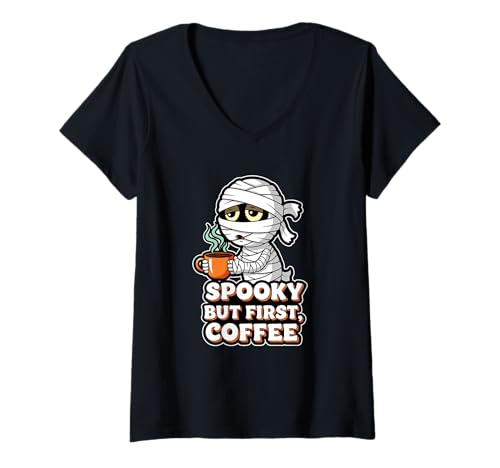 Damen Gruselige Aber erste Kaffee müde Mama T-Shirt mit V-Ausschnitt Damen Gruselige Aber erste Kaffee müde Mama T-Shirt mit V-Ausschnitt von Halloween mummy coffee sleepy brew spooky vibe