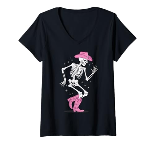 Damen Skelett Line Dance Halloween Western T-Shirt mit V-Ausschnitt Damen Skelett Line Dance Halloween Western T-Shirt mit V-Ausschnitt von Halloween party Line Dance Country tanz