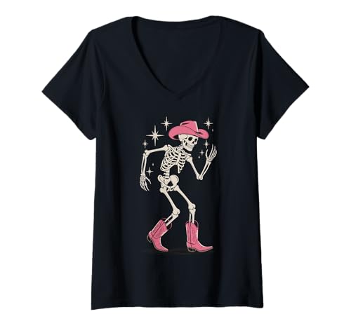 Damen Skelett Line Dance Halloween Western T-Shirt mit V-Ausschnitt Damen Skelett Line Dance Halloween Western T-Shirt mit V-Ausschnitt von Halloween party Line Dance Country tanz