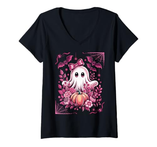 Damen Cute Pink Ghost with Bow Kawaii Halloween Pumpkin Bat Girls T-Shirt mit V-Ausschnitt Damen Cute Pink Ghost with Bow Kawaii Halloween Pumpkin Bat Girls T-Shirt mit V-Ausschnitt von Halloween pink Coquette Bow Cute Ghost