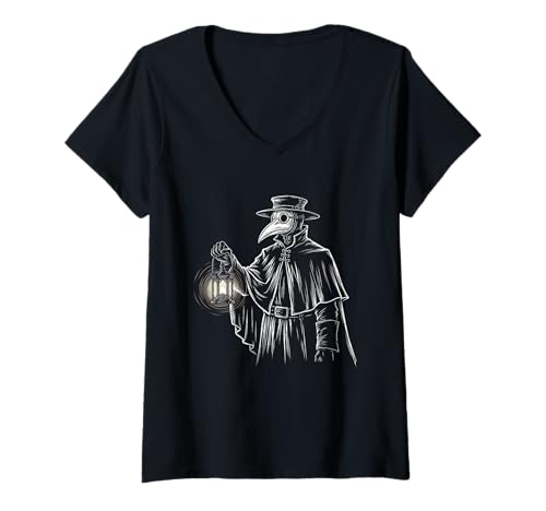 Damen Pestdoktor Laterne Vintage Art T-Shirt mit V-Ausschnitt von Halloween plague doctor dark art gothic lantern