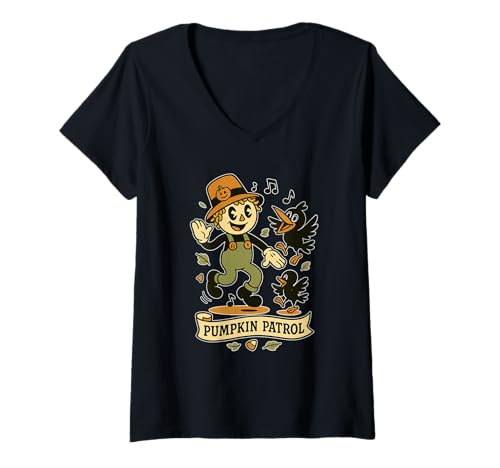 Damen Pumpkin Patrol Vogelscheuche Tanz T-Shirt mit V-Ausschnitt Damen Pumpkin Patrol Vogelscheuche Tanz T-Shirt mit V-Ausschnitt von Halloween pumpkin patrol scarecrow art fall