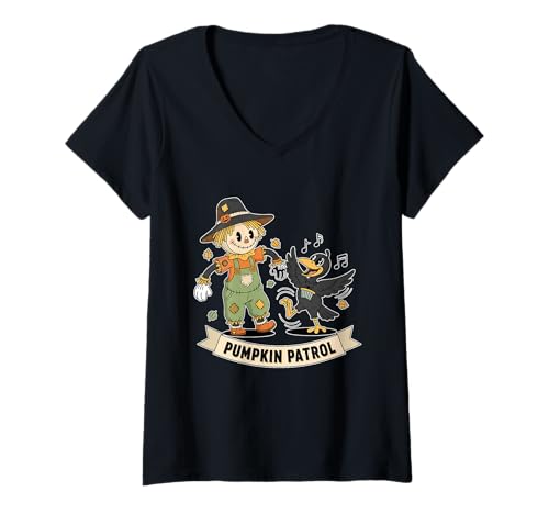Damen Pumpkin Patrol Vogelscheuche Krähe T-Shirt mit V-Ausschnitt Damen Pumpkin Patrol Vogelscheuche Krähe T-Shirt mit V-Ausschnitt von Halloween pumpkin patrol scarecrow crow dance