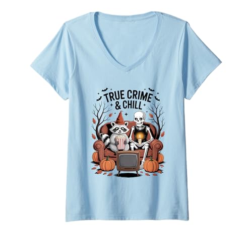 Damen Skelett und Waschbär trendy Halloween Männer Frauen und Kinder T-Shirt mit V-Ausschnitt Damen Skelett und Waschbär trendy Halloween Männer Frauen und Kinder T-Shirt mit V-Ausschnitt von Halloween raccoon