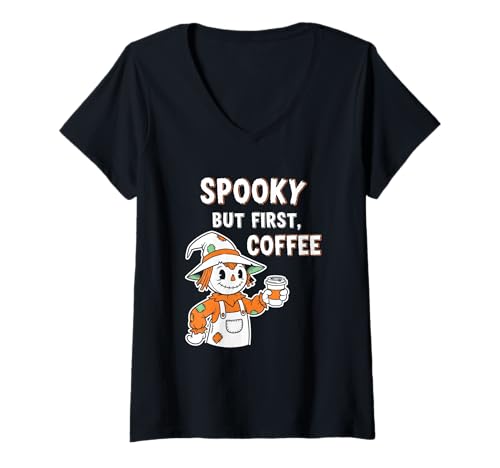 Damen Gruselige Aber erste Kaffee-Vogelscheuche T-Shirt mit V-Ausschnitt Damen Gruselige Aber erste Kaffee-Vogelscheuche T-Shirt mit V-Ausschnitt von Halloween scarecrow coffee spooky brew autumn