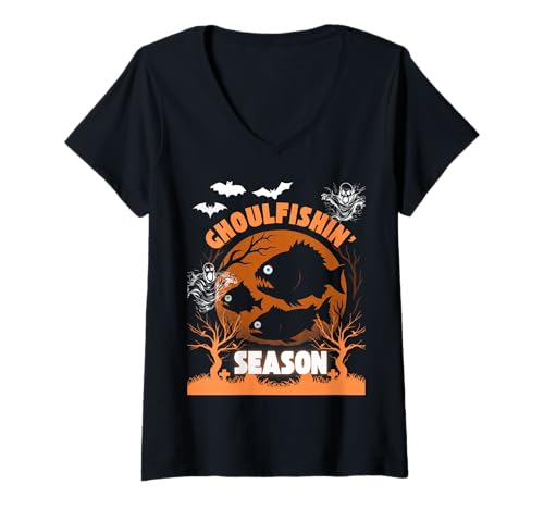 Damen Ghoulfishin's Season: Papa Fishing Halloween T-Shirt mit V-Ausschnitt Damen Ghoulfishin's Season: Papa Fishing Halloween T-Shirt mit V-Ausschnitt von Halloween season fishing