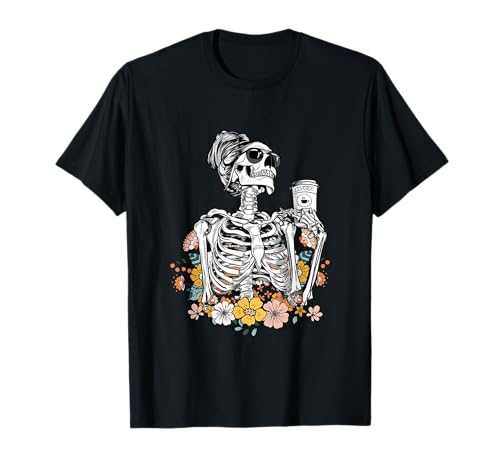 Kaffee Trinken Skelett DIY Halloween Messy Bun Frauen Mädchen T-Shirt Kaffee Trinken Skelett DIY Halloween Messy Bun Frauen Mädchen T-Shirt von Halloween shirts for Men Women Kids